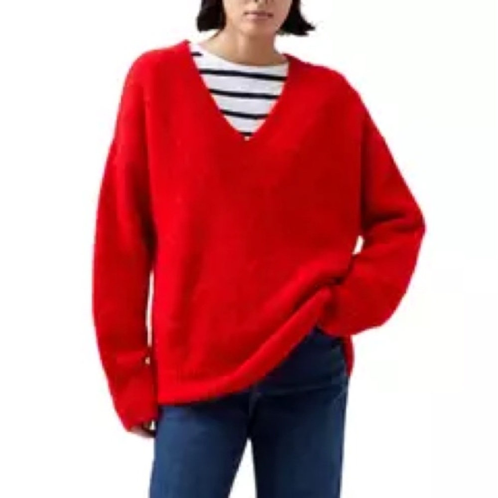 French Connection red Fluffy Knit V-Neck Jumper Sweater size XL